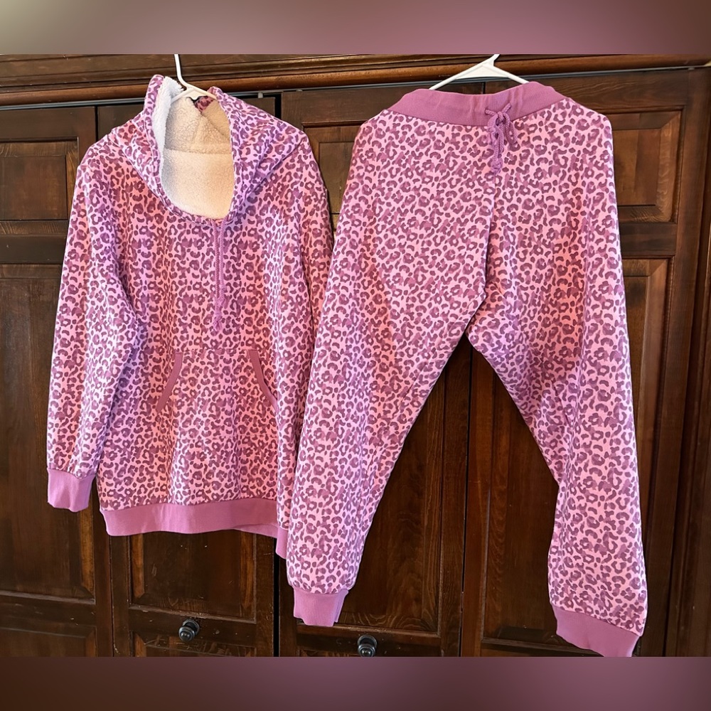PajamaGram supersoft cowl-neck fleece pajama set in pink & purple leopard print